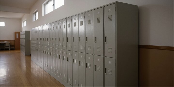 A row of identical gray metal lockers lines a modern school hallway with polished wooden flooring and light-colored walls.