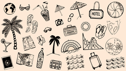 Collection of travel themed sketches including a globe sunglasses and palm trees in a hand drawn style beach vacation holiday tourism © MINA