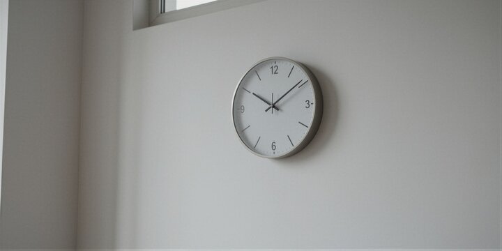 A minimalist wall clock in a modern residential setting displays soft natural light streaming through a partially visible window.