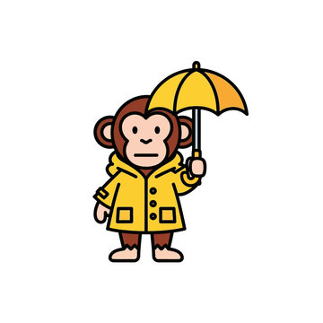Monkey wearing yellow raincoat and holding an umbrella