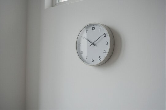 A minimalist analog wall clock with a white dial and light gray frame is mounted on a plain white wall in a modern residential setting.