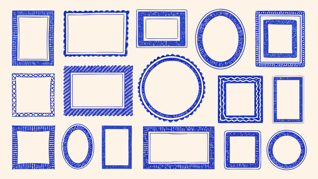 Collection Of Empty Blue Frames In Various Geometric Shapes On A Light Beige Background square rectangular circular oval frame assortment set