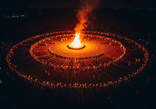 Large group of people gathered around a burning fire in a circle at night