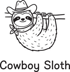 Cute cartoon cowboy sloth hanging on a branch with a bandana and cowboy hat illustration © GraphicGrove
