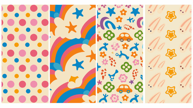 Four patterned vertical strips featuring polka dots rainbows stars and playful objects vector illustration pattern patterns design decorative stripes spots circles