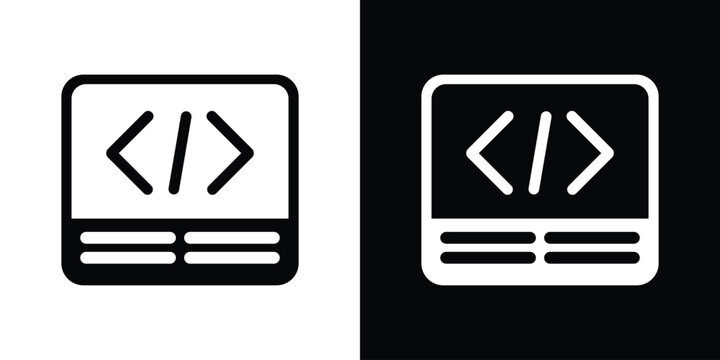 Web development browser window icon featuring programming brackets, provided in flat black and white vectors.