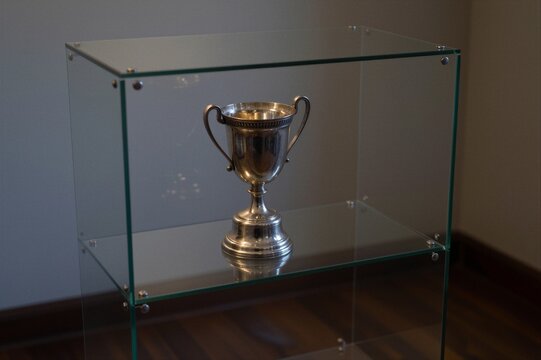 A polished silver trophy cup with curved handles and decorative band is displayed on a pedestal base within a clear glass display case in a modern museum setting.