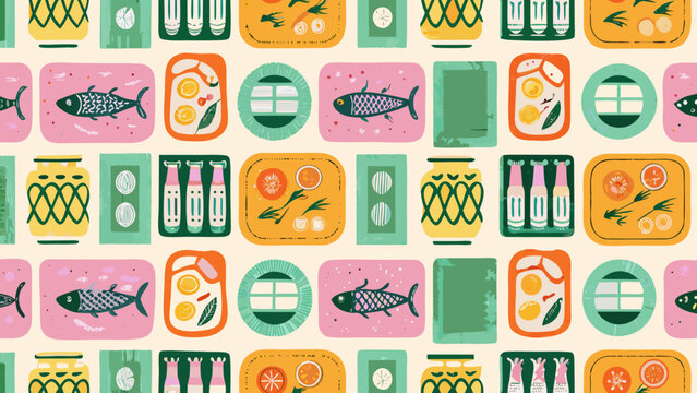 A repeating pattern showcases stylized illustrations of canned fish glassware and produce in muted tones sardines anchovies tuna illustration bottles fruit
