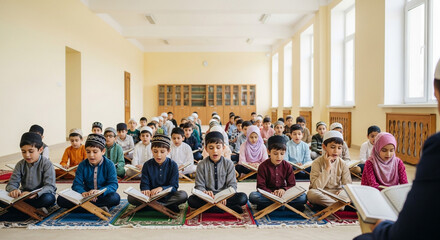 Obraz premium Children in a classroom reading Quran in a mosque or Islamic school