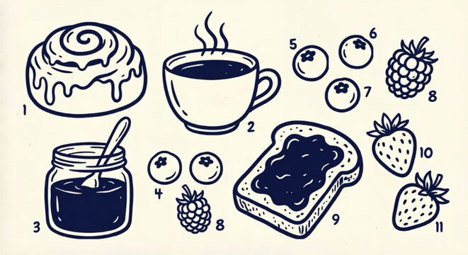 Hand drawn breakfast icons set, 11 numbered vector illustrations of coffee and pastry, vintage line art doodles of jam toast and berries