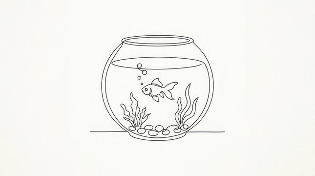 Line drawing of a goldfish in a bowl with plants and bubbles