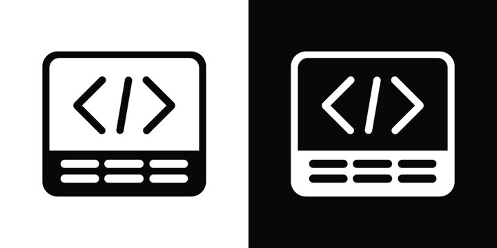 Web development browser window icon featuring programming brackets, provided in flat black and white vectors.
