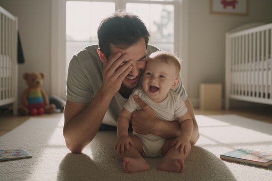 A father shares a joyful moment with his baby in their cozy nursery, surrounded by toys and books, as they giggle together on the soft carpet amidst two white wooden cribs.