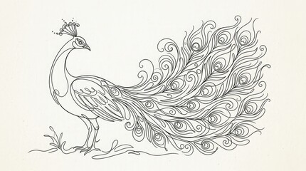 Fototapeta premium A black and white line drawing of a peacock with a fancy tail