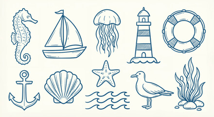 Nautical hand drawn icons set, blue ocean life line art illustrations, 10 sea themed vector elements for summer beach branding and coastal decor © Muhammad