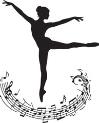 Silhouette of a graceful ballerina performing an arabesque dance with musical notes swirling around her © GraphicGrove