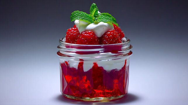 Raspberry trifle in a glass jar with whipped cream and mint dessert cup food photography