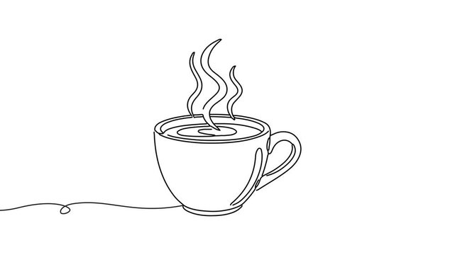 Animation of line drawing of a cup of coffee with rising steam, symbolizing morning routines, energy, and daily comfort.