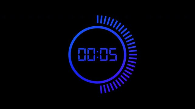 Countdown timer graphic animation with glowing blue digital numbers and animated circular progress bar on black background, futuristic design.
