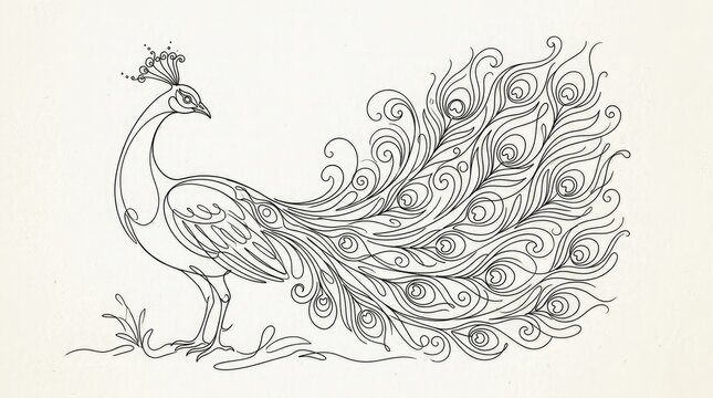 A black and white line drawing of a peacock with a fancy tail