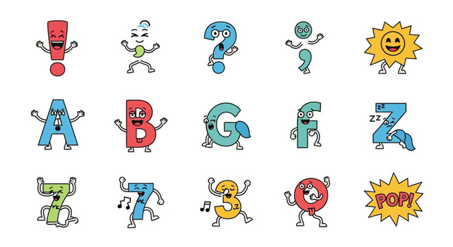 Colorful cartoon alphabet characters dancing.