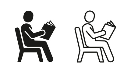 Fototapeta premium Person Reading Book In Chair Icon Black And White Outline