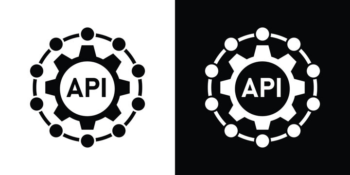 API integration icon featuring a central gear surrounded by a connected network circle, in solid black and white variations.