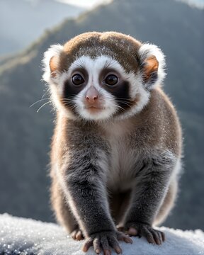 A dark brown pygmy slow loris  fantasy animal, fictional species in a winter ridge