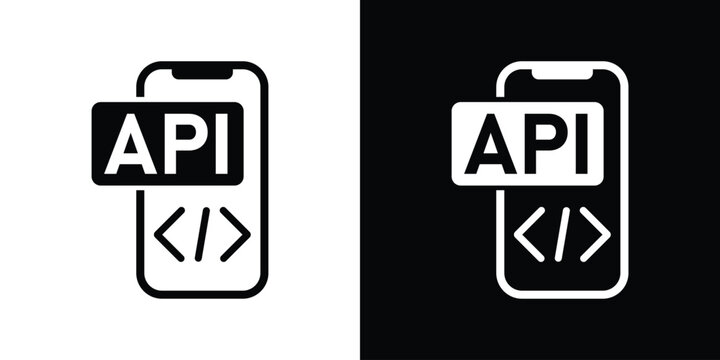 Mobile application API development icon featuring a smartphone with code brackets, in solid black and white styles.