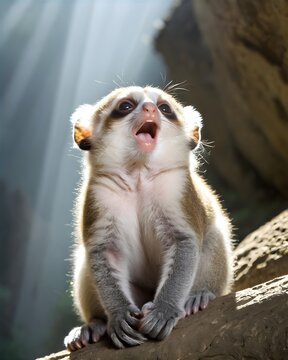 A cobalt baby pygmy slow loris fantasy animal, fictional species in a sunbeam blessed valley