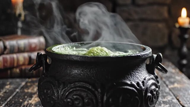 Mysterious steaming cauldron with old books and candles, magical potion brewing