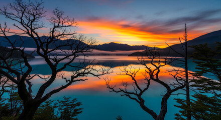 Fototapeta premium Serene sunset reflection over tranquil mountain lake with bare trees