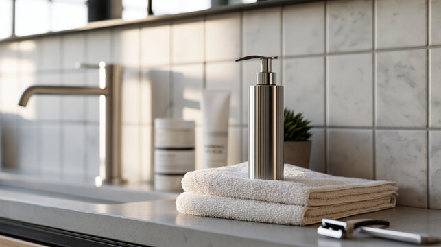 Male grooming product flatlay on a clean bathroom shelf includes a facial scrub, a serum, and a morning SPF gel arranged with deliberate spacing, a single razor and a trimmed succulent as contextual