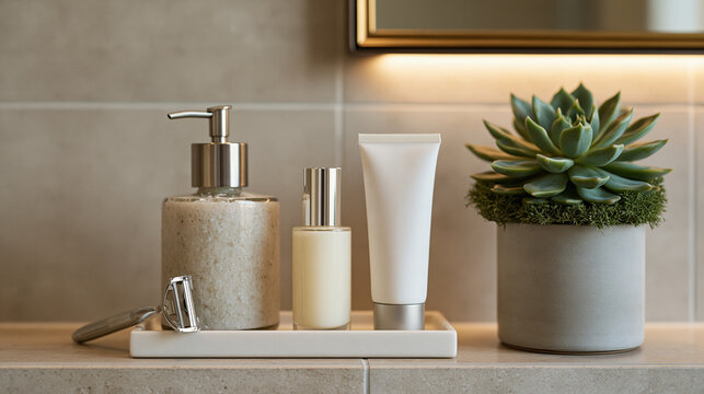 Male grooming product flatlay on a clean bathroom shelf includes a facial scrub, a serum, and a morning SPF gel arranged with deliberate spacing, a single razor and a trimmed succulent as contextual