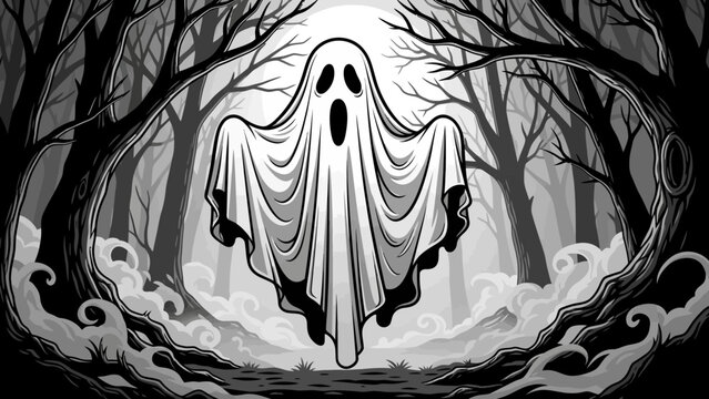 Spooky Ghost Floating in Dark Eerie Forest Monochrome Illustration