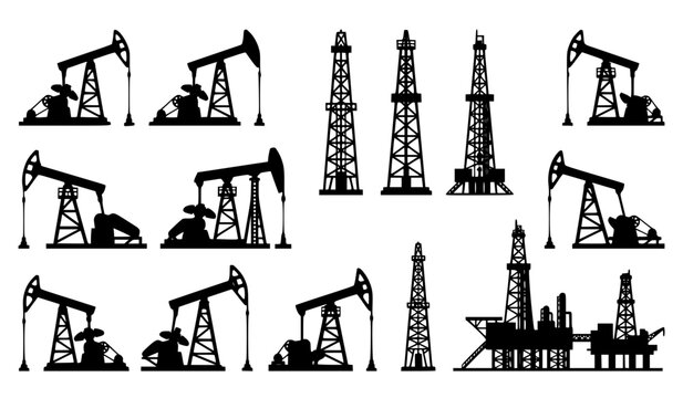 Oil pumpjack and drilling rig silhouettes set.