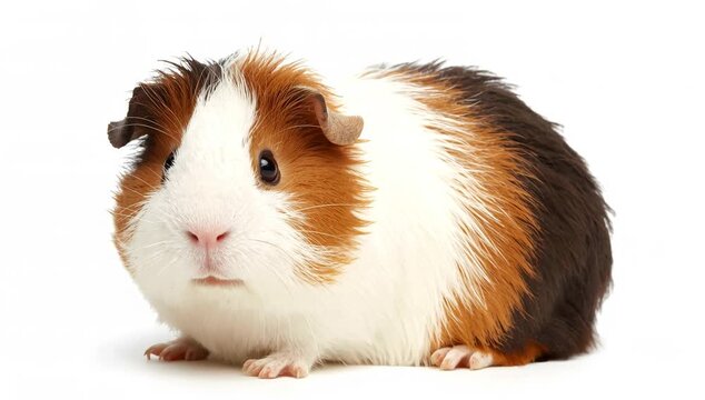 A seated American Guinea Pig with brown, black, and white fur is displayed on a white backdrop.