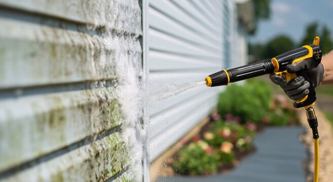 Cleaning vinyl siding with power washing to remove mold and mildew from house exterior