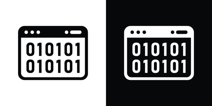 Web browser interface displaying binary numbers code strings, shown in minimalist black and white vector graphics.