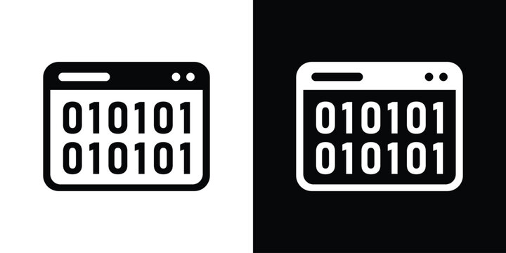 Web browser interface displaying binary numbers code strings, shown in minimalist black and white vector graphics.