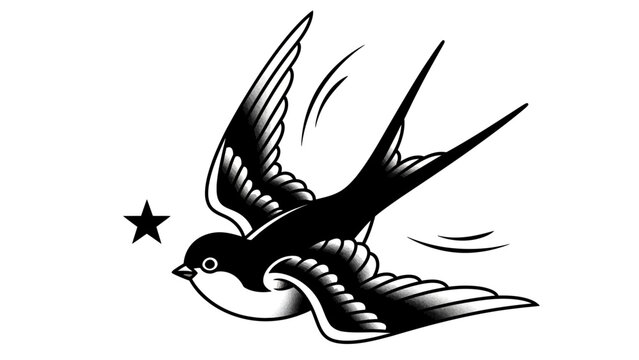 Classic Old School Tattoo Style Flying Swallow with Star