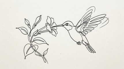Naklejka premium A hummingbird feeding from a flower with leaves on a beige background