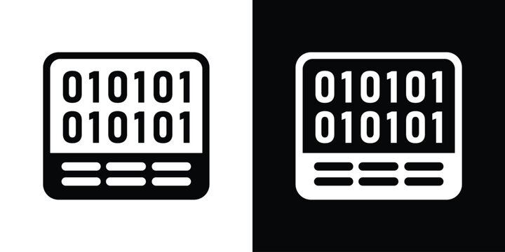 Software interface panel filled with binary digital data code strings, provided in clean black and white layouts.