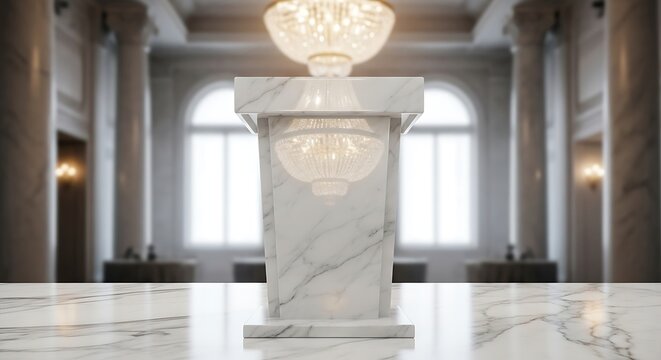 Elegant white marble podium in a luxurious blurred grand hall