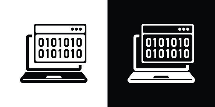 computer displaying a web window with binary data lines, featured in solid black and white icon styles.