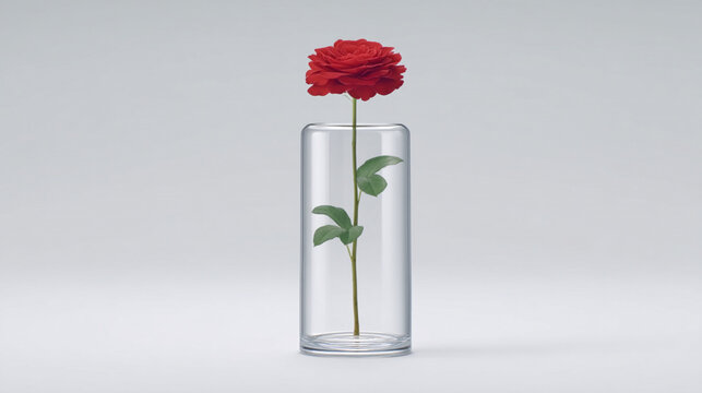 A single red carnation in a tall clear glass vase white background cut flower carnation