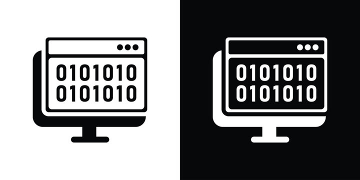 computer displaying a web window with binary data lines, featured in solid black and white icon styles.