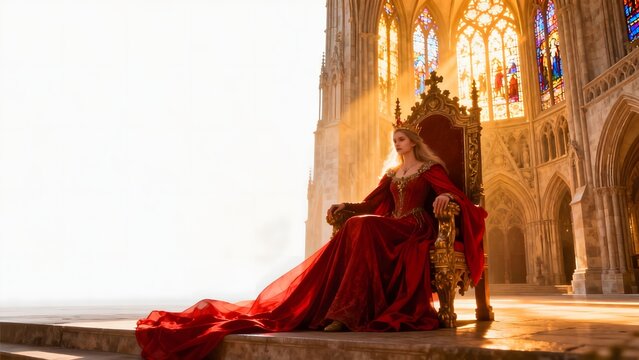 Woman in red gown seated on throne