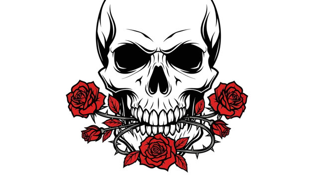 Human Skull with Red Roses and Thorny Vines Illustration