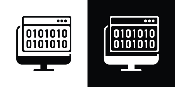 computer displaying a web window with binary data lines, featured in solid black and white icon styles.